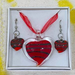 Glass Heart Necklace and Earrings